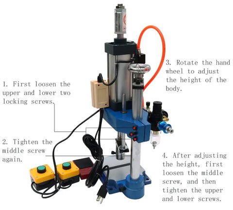 Smooth Operator Pneumatic Punch Press With Adjustable Cylinder Stroke For Kickin Sheet Metal Holes 660 Lb Pressure Two Button Control For Dead On Accuracy At 110V with labeled adjustment features.