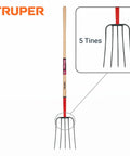 Five-Tine Manure Fork With 54 Inch White Ash Handle And Forged Steel Head For Heavy-Duty Farm Work Like Manure, Mulch, Hay, And Bedding Chores Built To Tackle Rough Yard Jobs