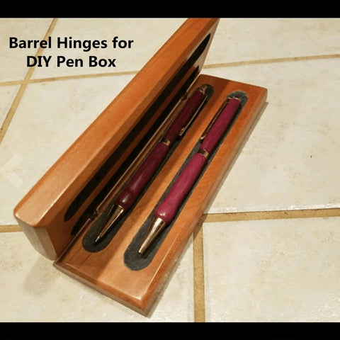 Open DIY pen box with barrel hinges, displaying pens inside. Mini Brass Barrel Hinges Hidden Concealed 20Pcs For Jewelry Keepsake Boxes And Small Cabinets 4mm Diameter 0.79 Inch Length With Smooth Machined Mechanisms And Ultra Durable Brass Hardware.