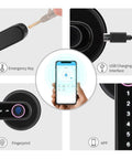 4 In 1 Fingerprint Smart Door Lock With Touchscreen Keypad And Bluetooth App Control, mechanical key and USB charging