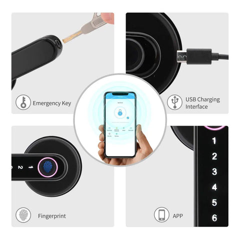 4 In 1 Fingerprint Smart Door Lock With Touchscreen Keypad And Bluetooth App Control, mechanical key and USB charging