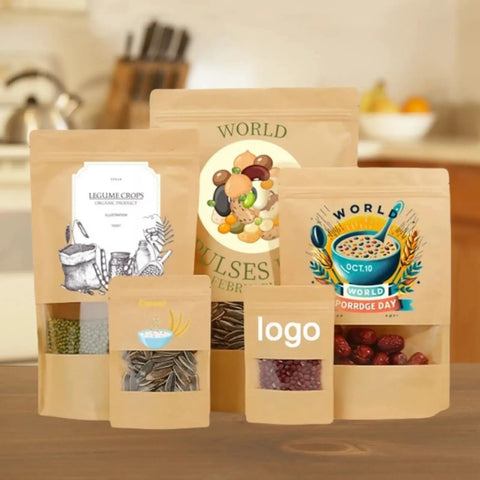 Custom Print Kraft Paper Bags With Window Stand Up Zipper Lock Pouch For Snacks, Tea, Coffee Reusable Packaging For Small Biz