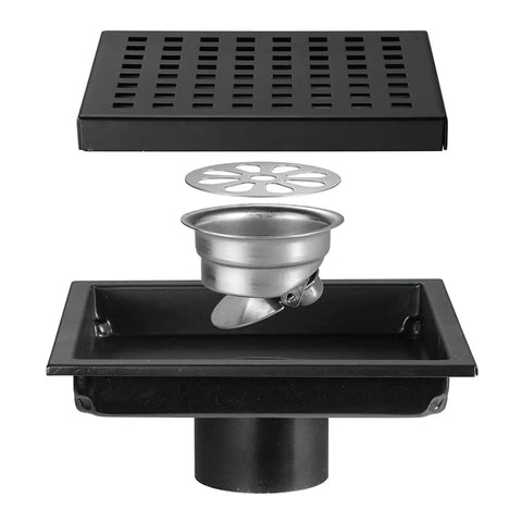 6 Inch Square Stainless Steel Shower Floor Drain With Removable Grate Anti Clog Hair Catcher Heavy Duty Brushed Finish Bathroom Drain Cover parts shown in detail