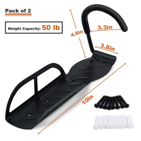 Garage Wall Mount Bike Storage Rack 2 Pack, Vertical Bike Hooks, Space Saver Hanger System For Garages, Anti Scratch Rubber Coated Hooks, Easy Install, Keeps Bikes Off The Floor And Your Space Clear shown with dimensions and weight capacity