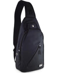 Travel Sling Bag For Daily Use, A Lightweight Crossbody That Is Slim, Compact, And Ready For Commutes Or Travel, Includes Lifetime Lost And Found ID Tag, Water Resistant Black Finish, showing overall design and texture.