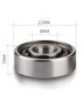 Close-up of a single metal bearing from Sixteen Pack 608 RS Ball Bearings For Skateboards Inline Skates Scooters, size 8x22x7mm