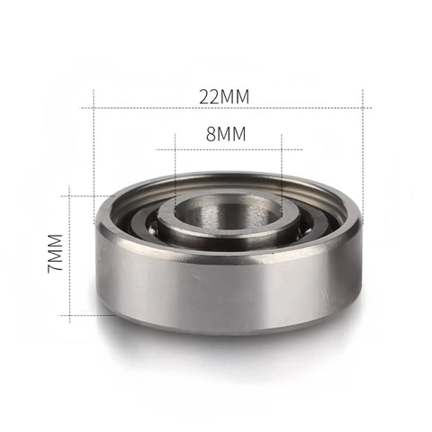 Close-up of a single metal bearing from Sixteen Pack 608 RS Ball Bearings For Skateboards Inline Skates Scooters, size 8x22x7mm