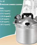 Front view of stainless steel pressure cooker with dial gauge, clamps and black handle