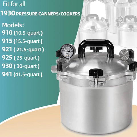 Front view of stainless steel pressure cooker with dial gauge, clamps and black handle