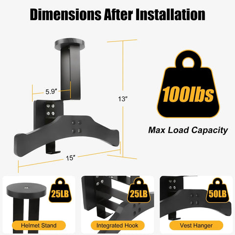 Heavy Duty Wall Mount Tactical Gear Stand Holds Up To 100 Lbs With Solid Wood Frame And Rust Proof Steel dimensions and features
