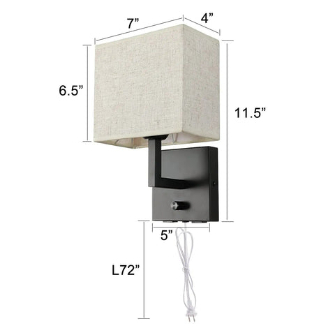 Dope Bedside Wall Mount Light With Dimmer Switch And Two USB Ports, Fabric Linen Shade and Black Modern Wall Lamp dimensions