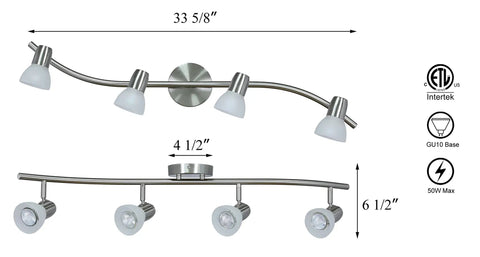Dimensions of 4 Light Modern S Shaped Track Lighting Bar With Frosted Glass Heads Brushed Nickel Finish GU10 Bulb Included