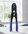 Heavy Duty Terminal Crimping Tool Pliers ergonomic hand press with blue grips for electrical repair on desk.