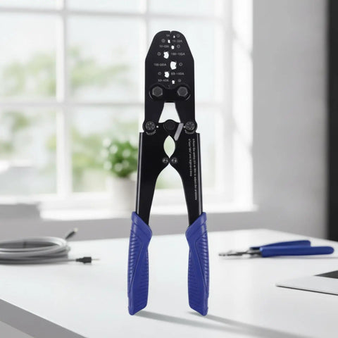 Heavy Duty Terminal Crimping Tool Pliers ergonomic hand press with blue grips for electrical repair on desk.