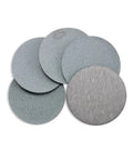 Get 300 Pcs Of Pro Grade 2 Inch Round White Hook And Loop Sanding Discs With Peel Switch Backing For Effortless Tool Free Swapping Plus Dust Venting Holes To Keep Your Work Area Clean While You Crush It Like A Boss. Close-up of five 2-inch round sanding discs in varying textures.