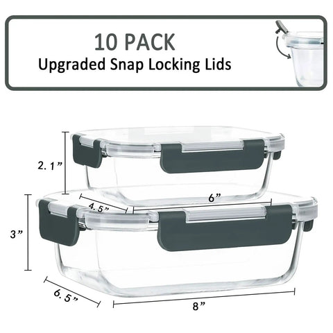 Diagram showing dimensions of 10 Pack Glass Meal Prep Containers With Lids Airtight Snap Locking Lids for microwave oven use.