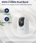 White 2K Indoor Security Camera with Pet and Baby Monitor, emphasizing dual-band 5GHz and 2.4GHz WiFi, requires outlet.