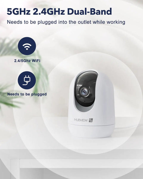 2K Indoor Security Camera With 2.4 And 5GHz WiFi Night Vision And 24 Seven Recording placed on a table, plug and WiFi icons shown