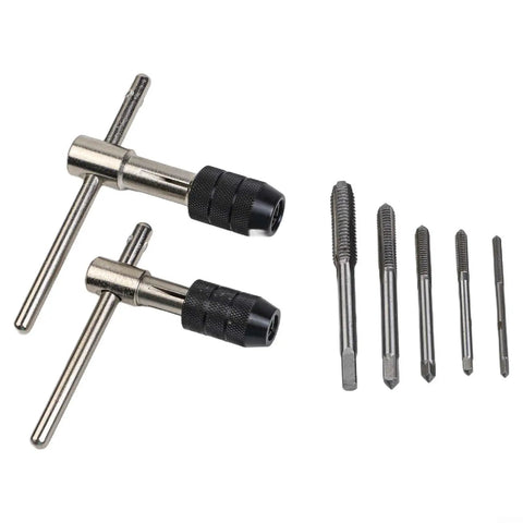 Top Notch 7-Piece Tap And Die Set M3 To M6 With Adjustable T-Handle Ratchet Wrench Kit For Metalworking Pros Who Need Smooth Threading In Tight Spots Without Breaking A Sweat Or Struggling With Chip Clogging. steel tap and die set with T-handle wrench, M3-M6