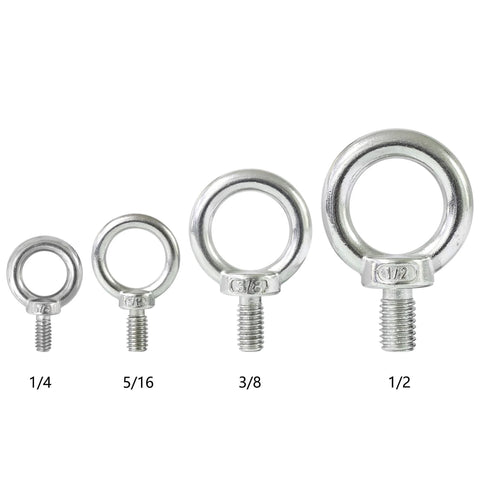 Four marine grade 316 stainless steel lifting shoulder eye bolts in 1/4, 5/16, 3/8, and 1/2 inch sizes, showing UNC threading.