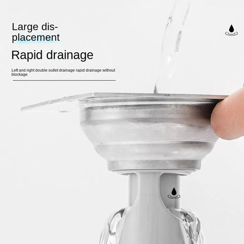 Odor Stopper for Shower - Anti-Odor Mini Bottle Trap Design showing rapid drainage feature with water flow in stainless steel.