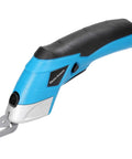 Cordless Electric Scissors With Knockout Power For Zero Fuss Fabric Cutting And Cardboard Trimming Featuring Dual Angle Blades, blue handle.