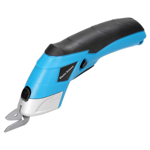 Cordless Electric Scissors With Knockout Power For Zero Fuss Fabric Cutting And Cardboard Trimming Featuring Dual Angle Blades, blue handle.