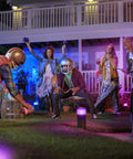 Calla White And Color Ambiance Outdoor Pathway Light Base Kit illuminating a backyard evening gathering with friends.