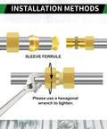 Installation methods for brass compression sleeves ferrules fittings on gas lines, showing wrench tightening instructions