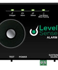 Front view of Sump Pump Alarm with indicator lights for power, alarm, silence, and low battery on a black casing.