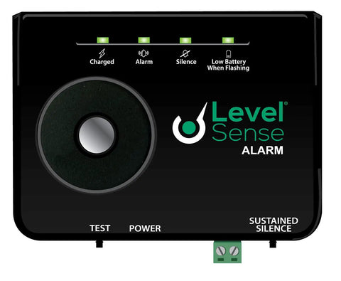 Front view of Sump Pump Alarm with indicator lights for power, alarm, silence, and low battery on a black casing.