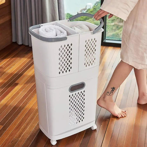 Removable Laundry Basket With Sturdy Storage Rack On Wheels White Household Organizer For Laundry And Home Storage Bottom Opening For Quick Access Durable PP Material Privacy Safe Design Easy Grab And Go