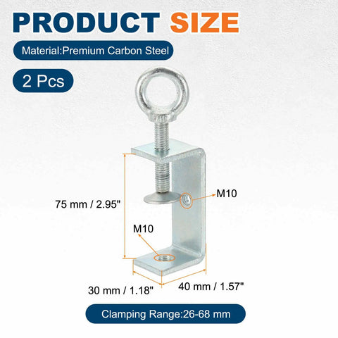 2 Pcs Beefy Carbon Steel Tiger U Clamps 75mm Opening Heavy Duty C Clamps With Eye Hook Screws For Woodworking Welding And Mounting Projects Galvanized Blue White Finish, 75mm size