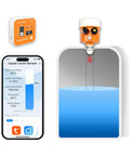 Smart WiFi Ultrasonic Water Tank Level Sensor With Tuya Smart Life App Alerts Remote Monitoring IP65 Waterproof 0.1m To 10m Range Automatic Alarm Multi Tank Monitoring Up To Ten Sensors showing liquid levels on a smartphone app and tank sensor.