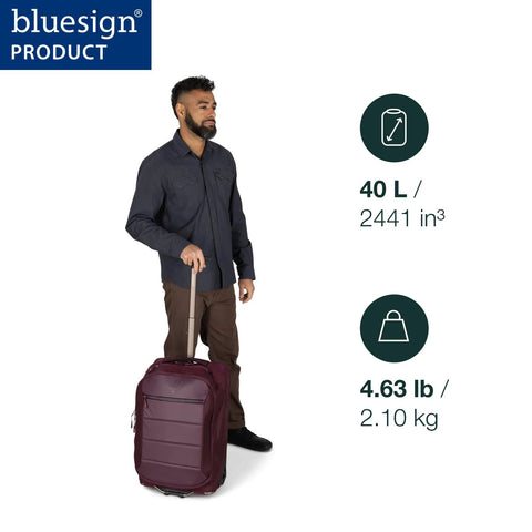 Osprey Ozone 2-Wheel carry-on rolling suitcase in burgundy with trolley handle