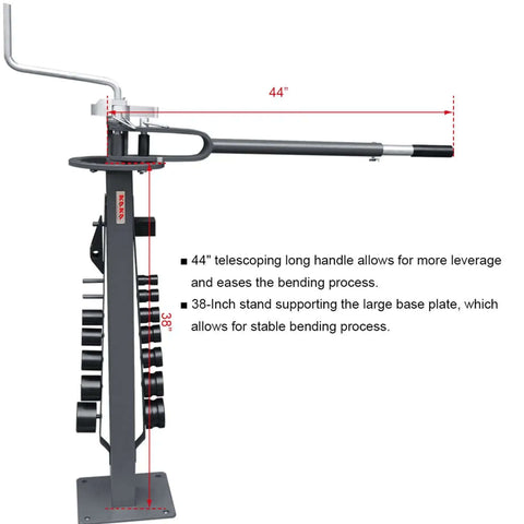 Side view of Floor Type Compact Metal Bender With 38 Inch Stand And Large Base Plate 14 Dies Truck Ready Portable Heavy Duty Bender UBM 30.