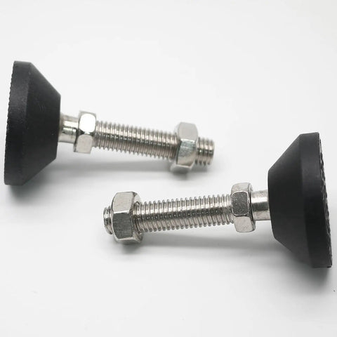Close-up of 4 Pack M12 Adjustable Leveling Feet For Furniture, 2 Inch Diameter Swivel Levelers, featuring carbon steel with nylon base.