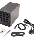 Built Tough 4 Bay 3.5 Inch Sata Iii Hdd Enclosure With Usb 3.0 And Esata Ports, black unit with cables and tools for desktop storage.