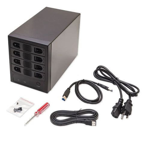 Built Tough 4 Bay 3.5 Inch Sata Iii Hdd Enclosure With Usb 3.0 And Esata Ports, black unit with cables and tools for desktop storage.