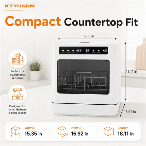 Slick Compact Countertop Dishwasher With Easy Touch Interface measuring 15.35x18.11x16.92 inches, perfect for small kitchens.