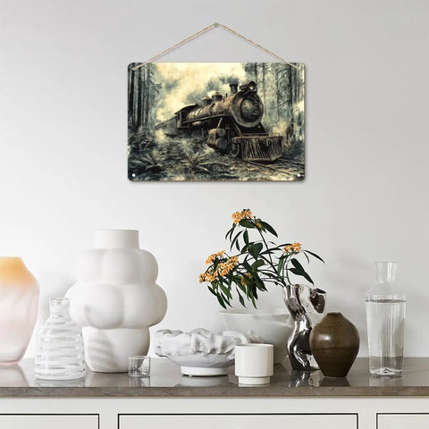 Rusty Steam Locomotive Wooden Hanging Sign Vintage Rustic Wall Plaque For Cozy Living Room Vibe Garden Patio Cafe Indoor Outdoor Decor Ideal For Porch Yard Kitchen Bar Home Office 8 By 12 Inch displayed on a wall above a shelf with vases.