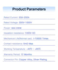 Product parameters for Heavy Duty EV Charging Adapter CCS2 To CCS1 Connector DC 250KW Fast Charger detailing specs.