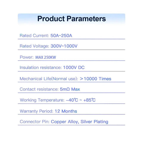 Product parameters for Heavy Duty EV Charging Adapter CCS2 To CCS1 Connector DC 250KW Fast Charger detailing specs.