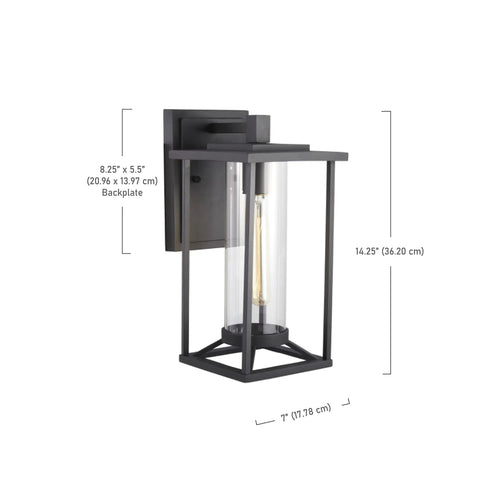 Farmhouse Outdoor Wall Light Trescott Exterior Lantern 1 Light Black Aluminum With Clear Glass Wet Location Rated 14.25 Inches High 7 Inches Wide Extends 8.5 Inches From Wall 60 Watts Max, side view showing backplate dimensions.