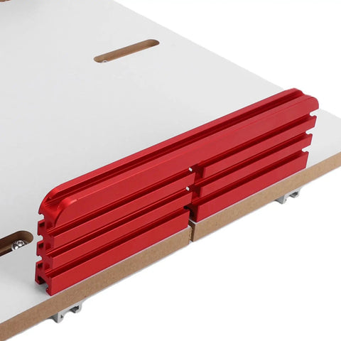 Adjustable Track Table Saw Crosscut Sled With Heavy Duty Aluminum Router Guide Rail fitted on a white tabletop.