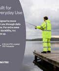 Person wearing Hi Vis Rain Gear Set With Detachable Hood Three Piece Jacket Bibs on dock near water.