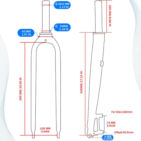 Rigid Mountain Bike Fork For 26/27.5/29 Inch Wheels, dimensions and 1 1/8 inch threadless straight steerer details shown.
