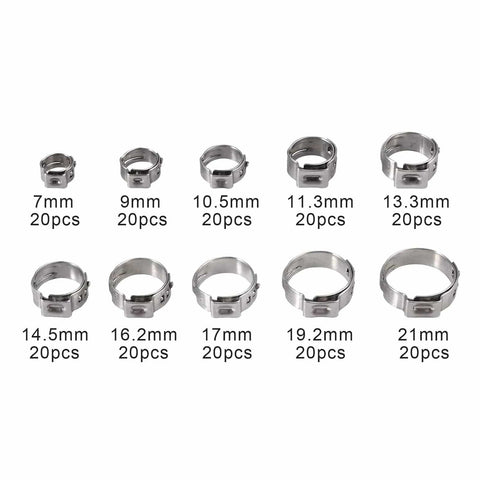 Rugged 200 Pack Single Ear Stepless Hose Clamps 7 To 21 Millimeter Range Made From 304 Stainless Steel Waterproof Anti Rust Clamp Rings