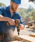 Man using Straight Up Heavy Duty Wood Splitter Drill Bits Set on wooden logs with a power drill outdoors.