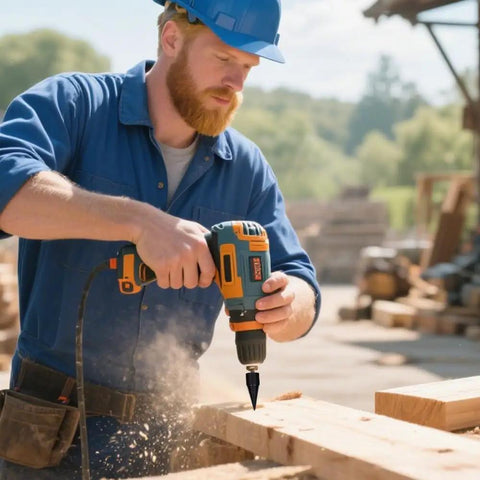 Man using Straight Up Heavy Duty Wood Splitter Drill Bits Set on wooden logs with a power drill outdoors.